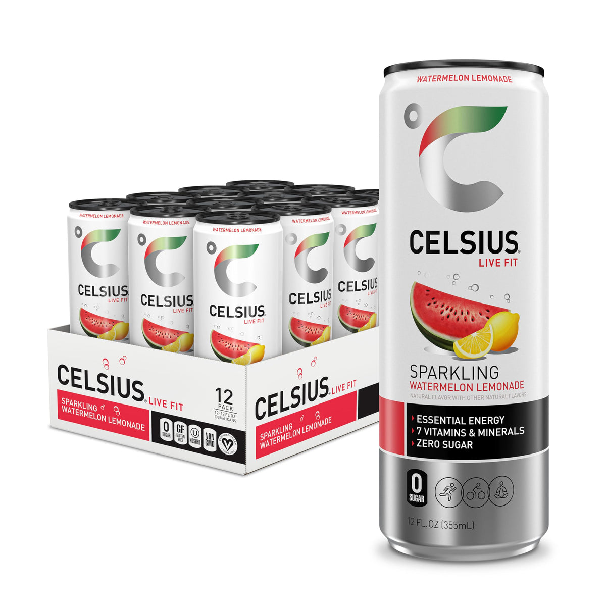CELSIUS Sparkling Watermelon Lemonade can front, zero-sugar energy for active days