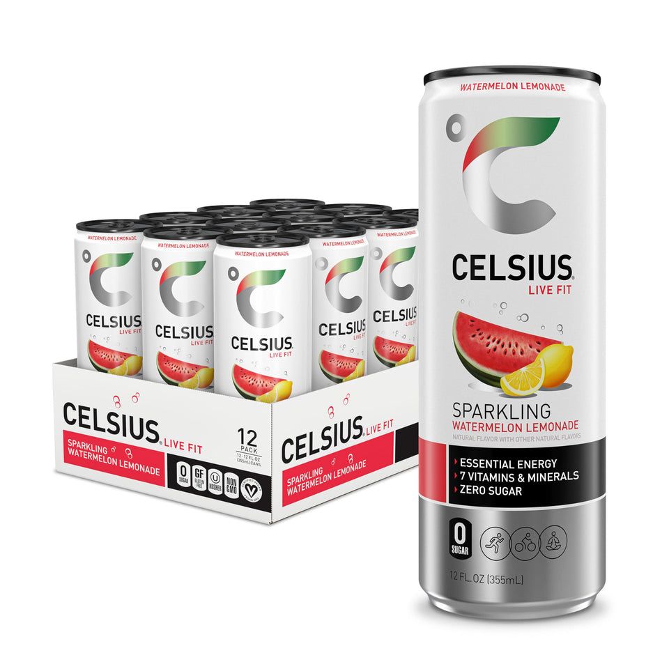 CELSIUS Sparkling Watermelon Lemonade can front, zero-sugar energy for active days
