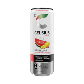 CELSIUS Sparkling Watermelon Lemonade can with glass for a refreshing energy boost