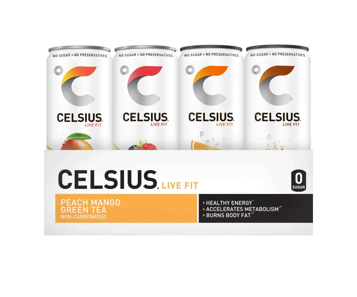 Celsius cans on shelf with vegan kosher non-GMO badges