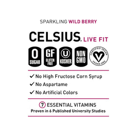 Chilled CELSIUS Wild Berry can on ice with a berry aroma and refreshing finish