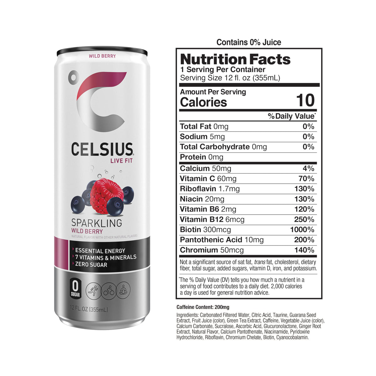 Close-up of CELSIUS Wild Berry label emphasizing vitamins for energy support