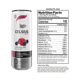 Close-up of CELSIUS Wild Berry label emphasizing vitamins for energy support