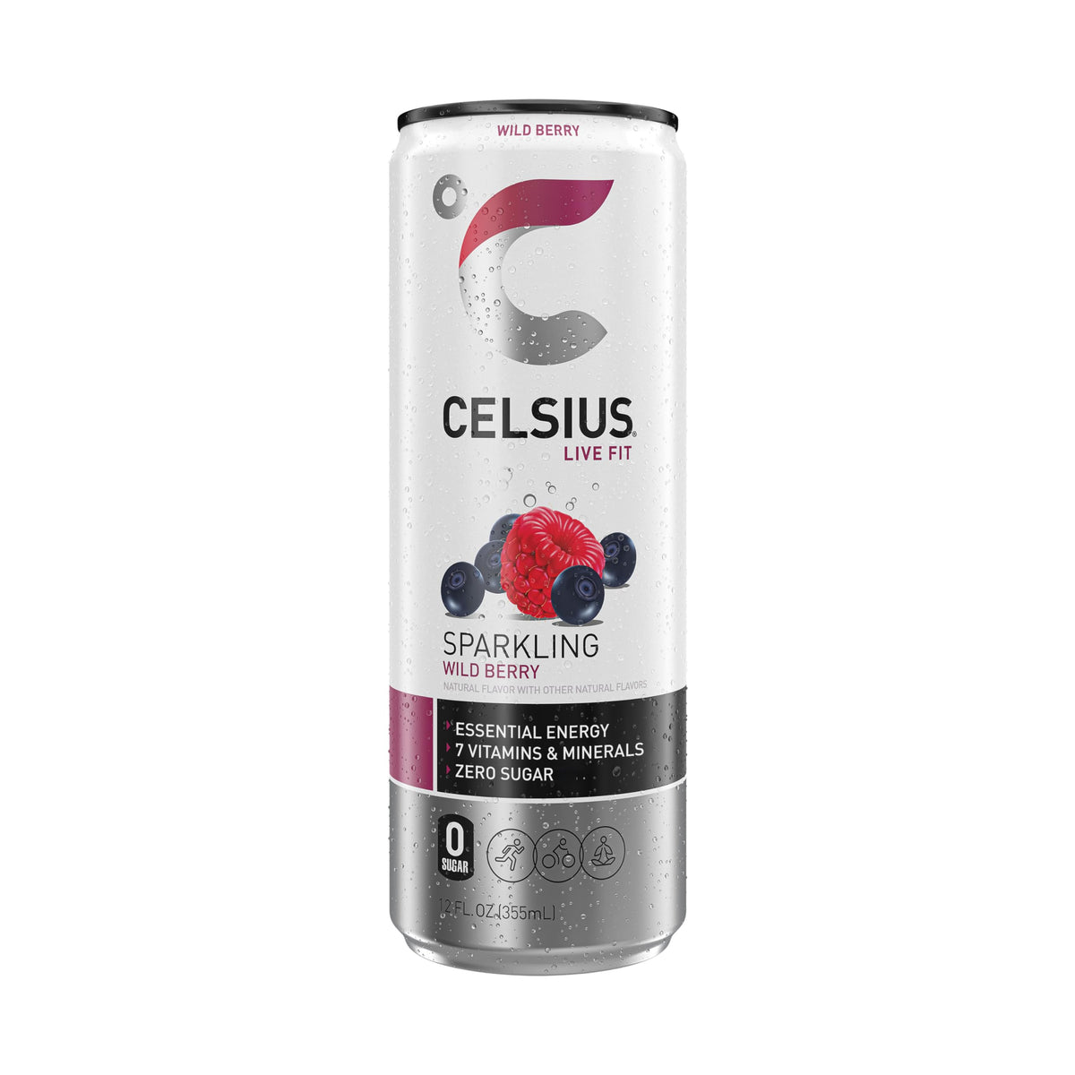 Six-pack display of CELSIUS Wild Berry cans for active lifestyles