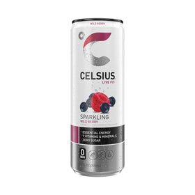 Six-pack display of CELSIUS Wild Berry cans for active lifestyles