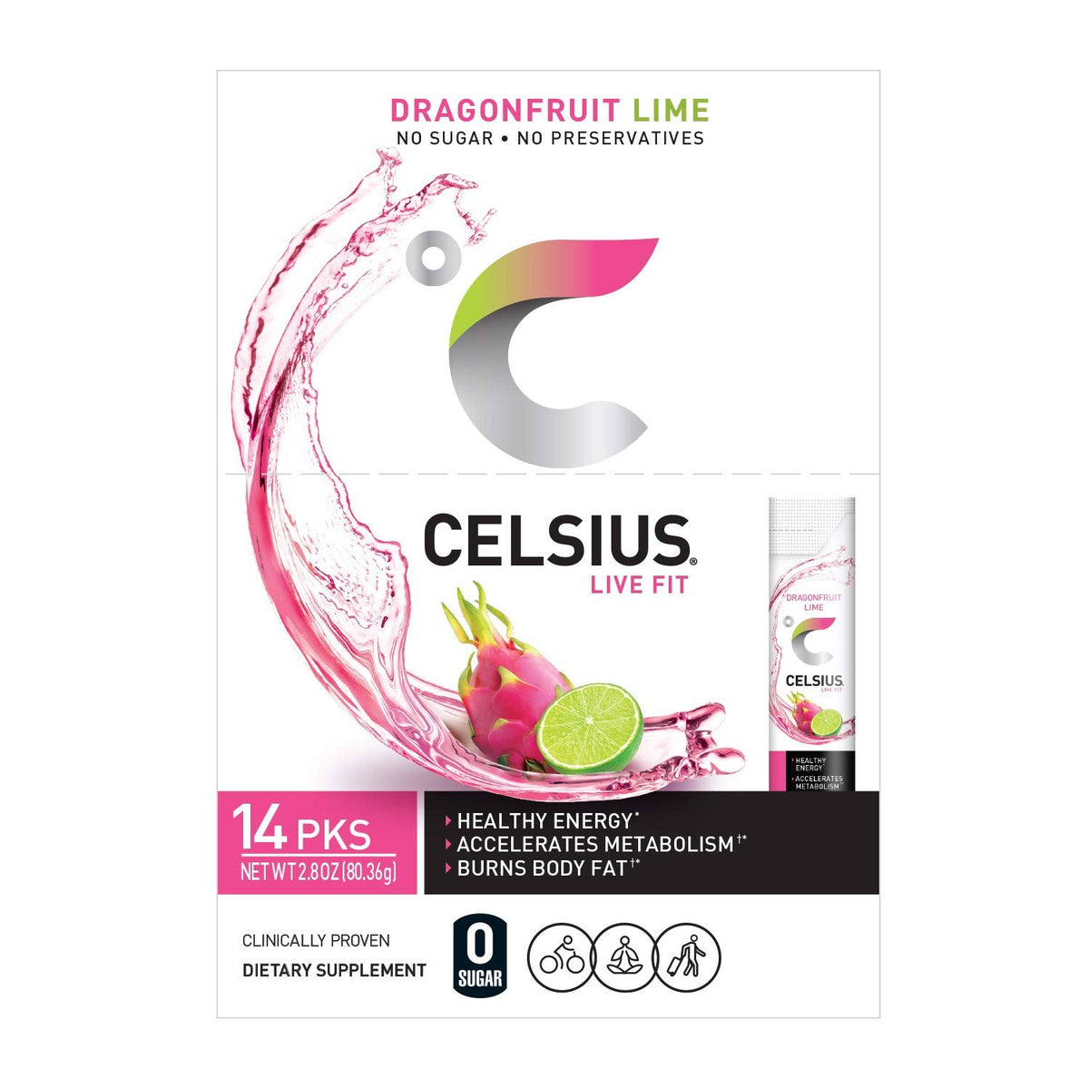 CELSIUS zero sugar formula highlighting preservatives-free ingredients.