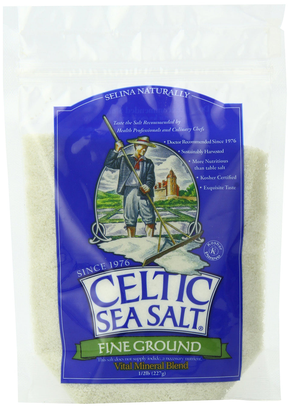 Celtic Sea Salt fine ground bag open for easy seasoning.