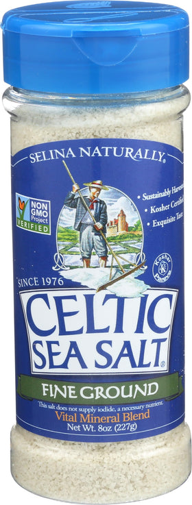 Celtic Sea Salt fine-ground shaker 8oz on table for everyday seasoning.
