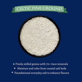 Spoon pours Celtic Sea Salt Fine Ground for even distribution in dishes.