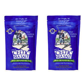 Celtic Sea Salt fine ground two-pack bags in packaging for home kitchen seasoning.