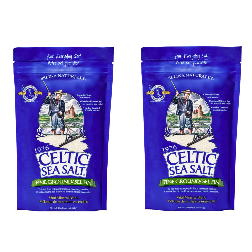 Celtic Sea Salt fine ground two-pack bags in packaging for home kitchen seasoning.