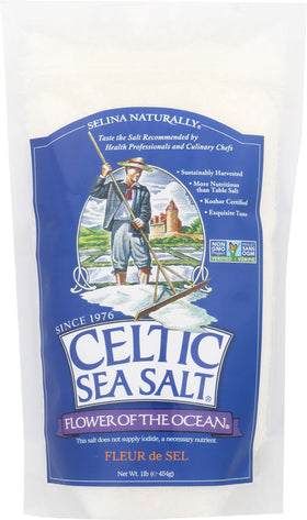 Celtic Sea Salt Flower of the Ocean bag with gourmet finishing salt for delicate dishes