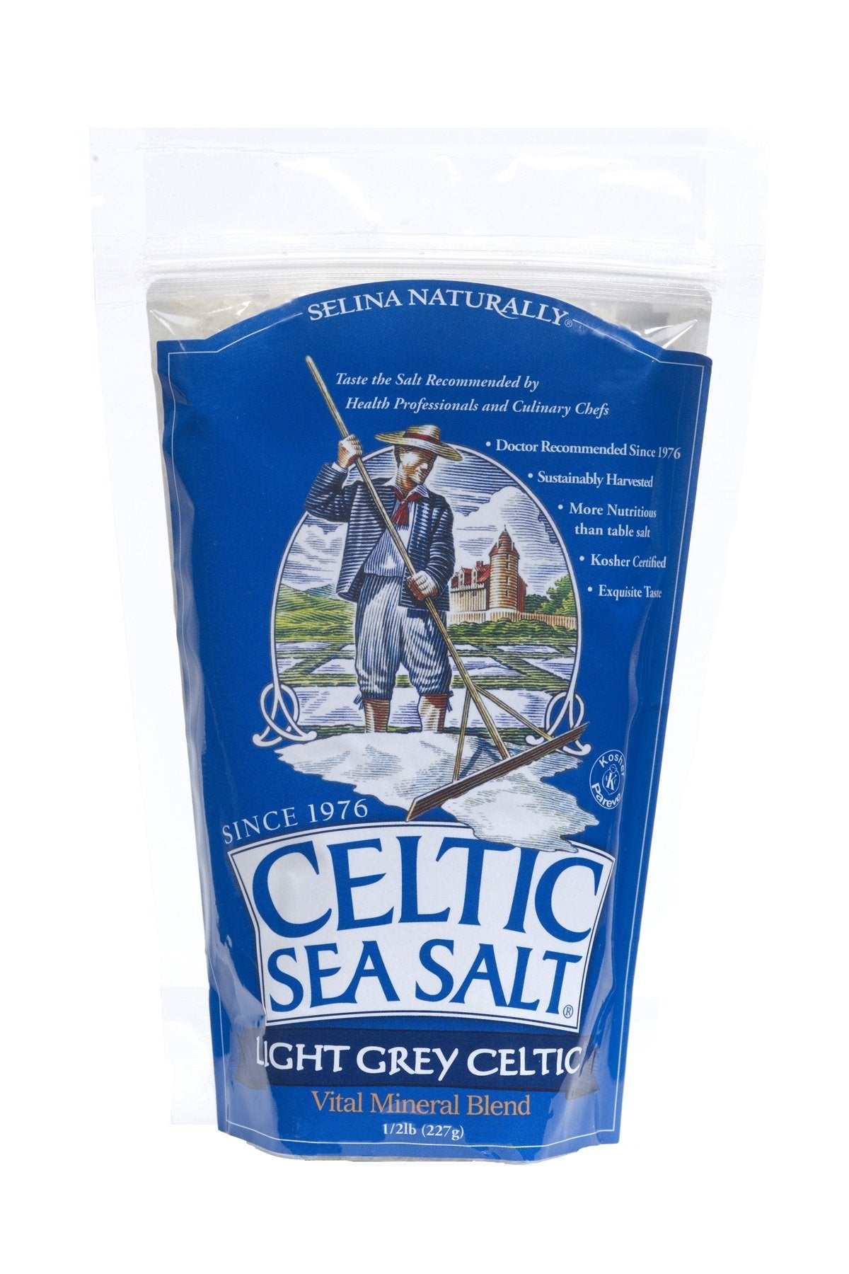Celtic Sea Salt Light Grey 8 oz pack six, front view, perfect for a grinder