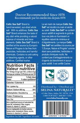 Celtic Sea Salt Light Grey crystals in bottle, sustainably harvested flavor enhancer