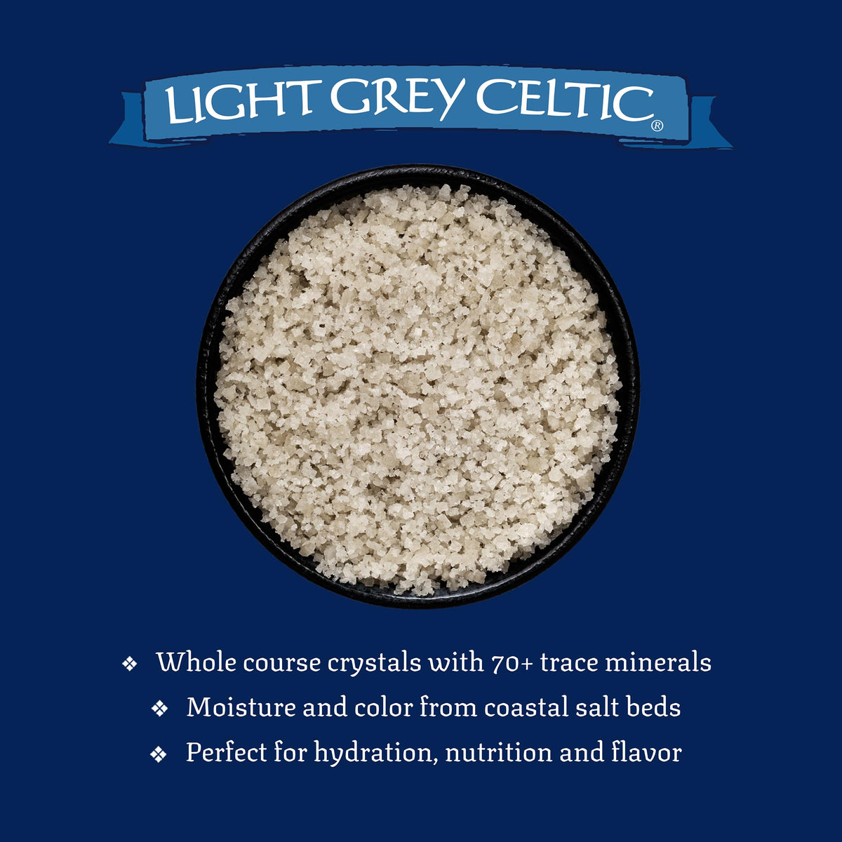 Celtic Sea Salt Light Grey Coarse bag open pour for recipes and finishing