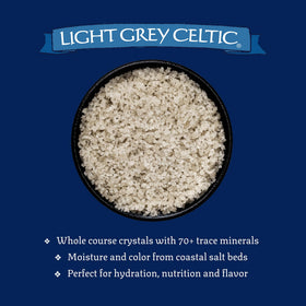 Celtic Sea Salt Light Grey Coarse bag open pour for recipes and finishing