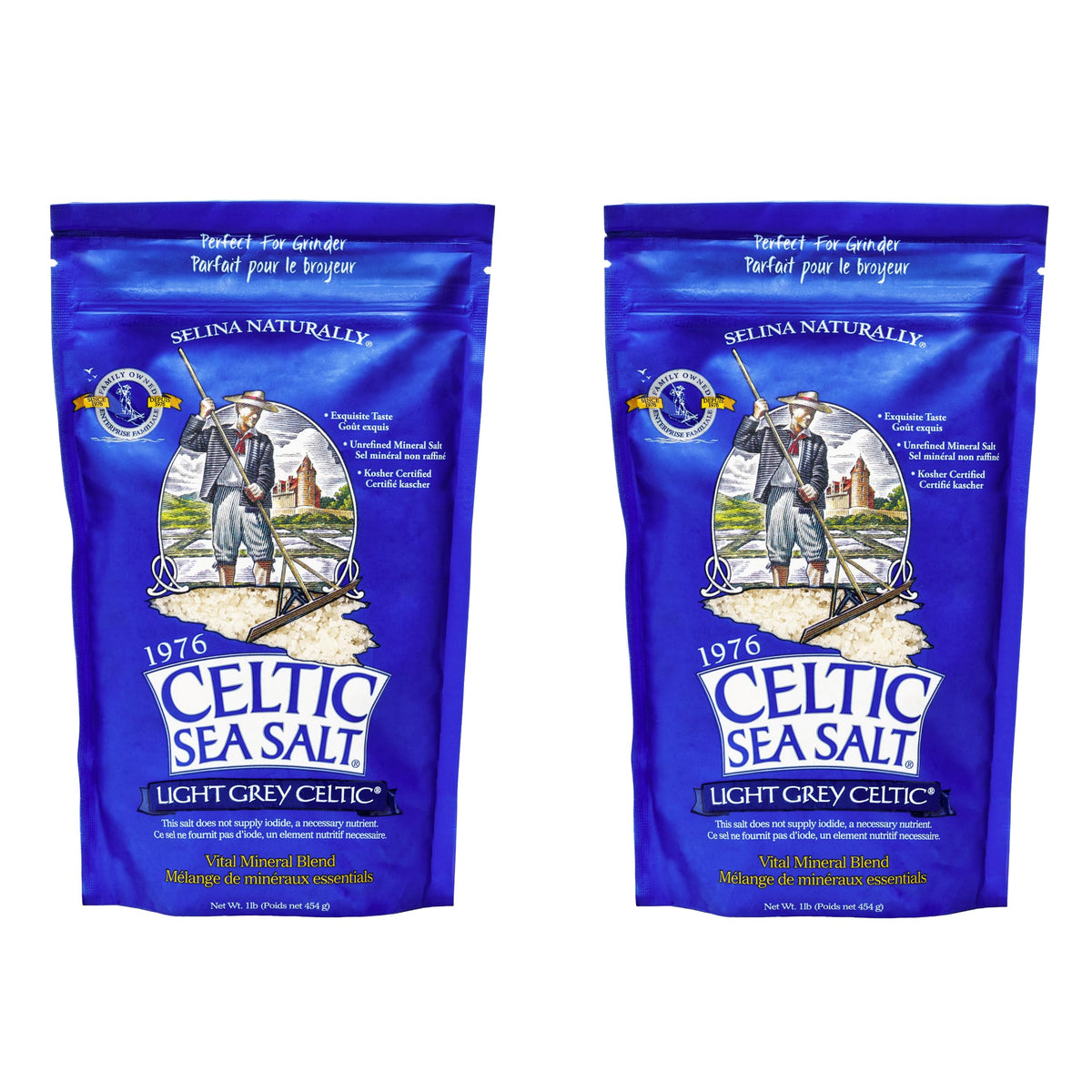 Celtic Sea Salt Light Grey Coarse bottle close-up showing mineral-rich crystals for flavor