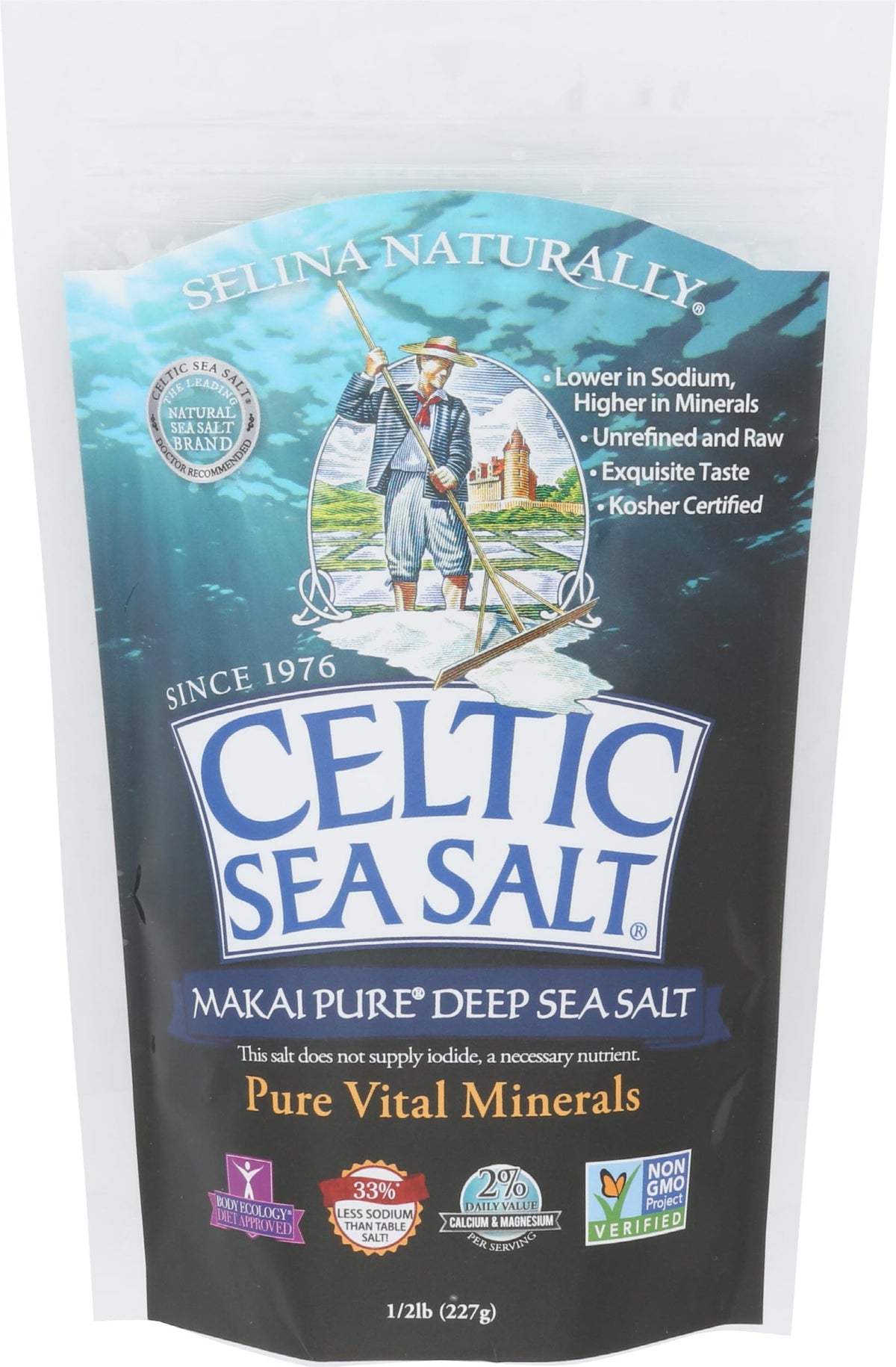Celtic Sea Salt Makai Pure bottle highlights mineral-rich seasoning for gourmet cooking.