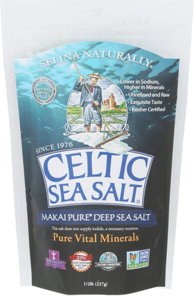 Celtic Sea Salt Makai Pure bottle highlights mineral-rich seasoning for gourmet cooking.