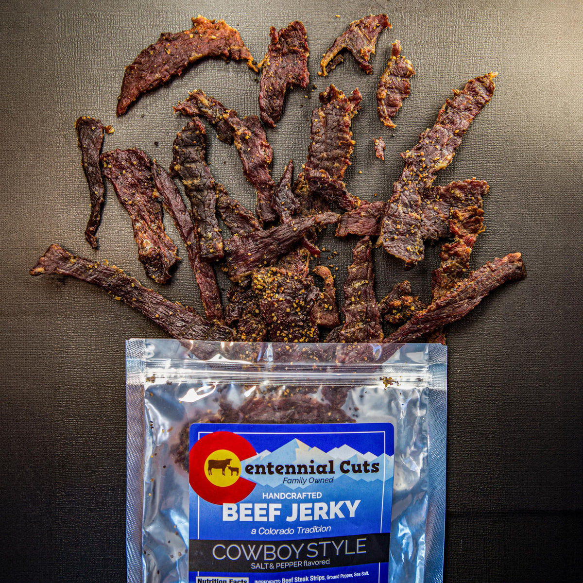 Centennial Cuts beef jerky close-up texture showing premium lean cuts.