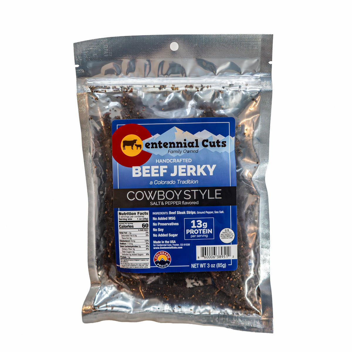 Centennial Cuts Cowboy Style beef jerky 3oz bag for a high-protein snack.