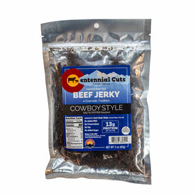 Centennial Cuts Cowboy Style beef jerky 3oz bag for a high-protein snack.