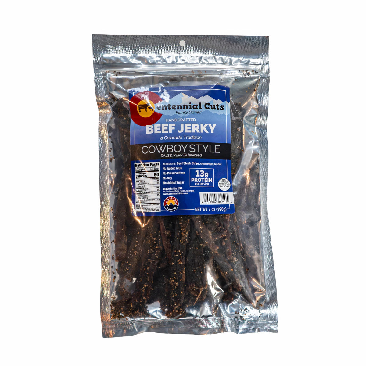 Centennial Cuts Cowboy Style packaging highlights rugged branding and clean ingredients for on-the-go snacking.