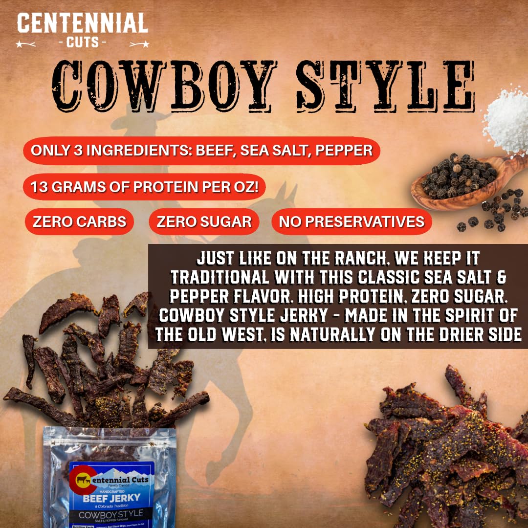Centennial Cuts Cowboy Style ingredients banner features beef, sea salt, pepper for simple nutrition.