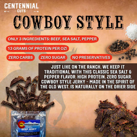 Centennial Cuts Cowboy Style ingredients banner features beef, sea salt, pepper for simple nutrition.