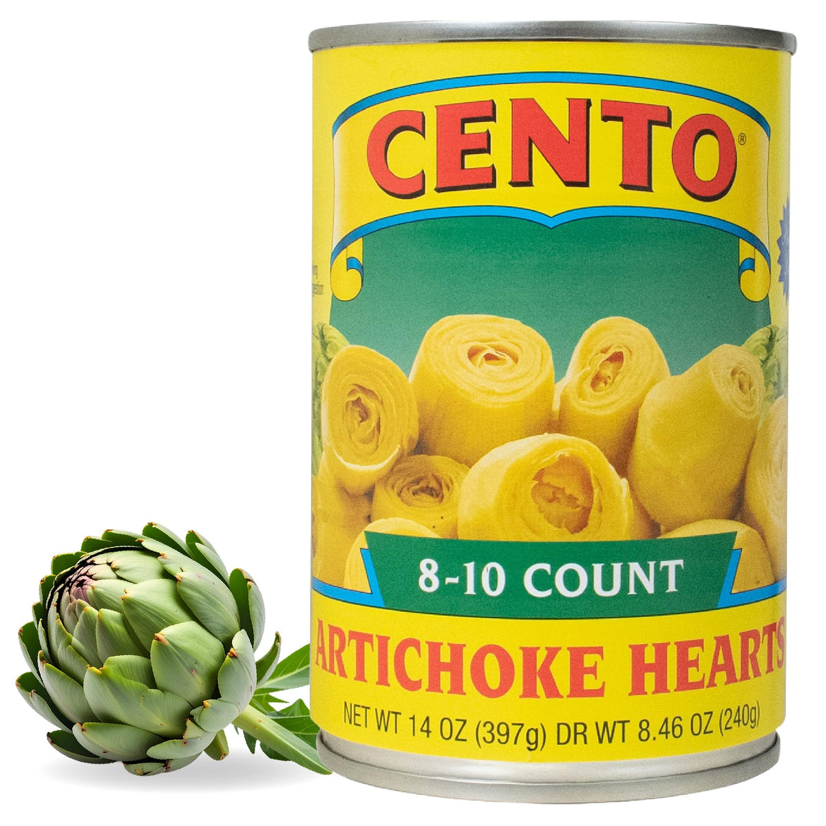 Cento artichoke hearts in brine front of can, ready to elevate salads and antipasto.