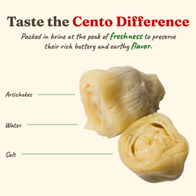 Cento artichoke hearts in brine label closeup showing freshness and quality.