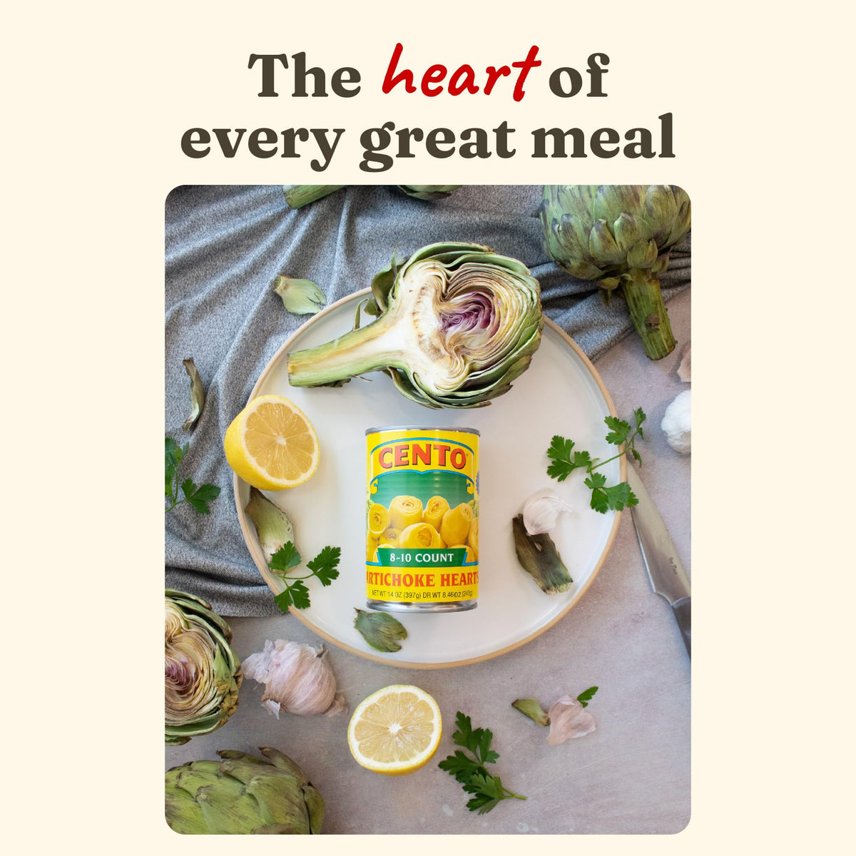 Cento artichoke hearts in brine sliced artichokes for bowls and toppings.