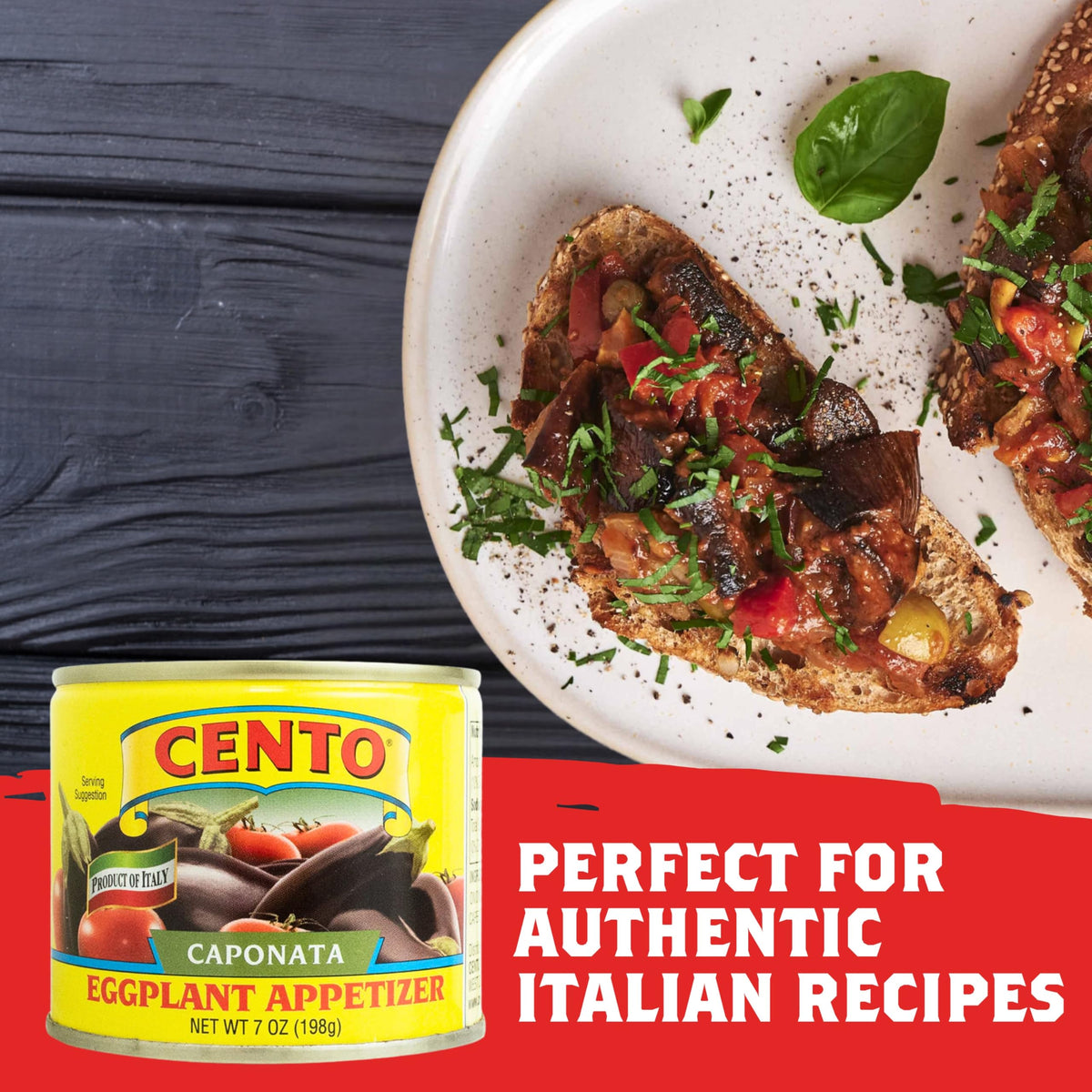 Cento Caponata crusty bread topping for quick snacks.