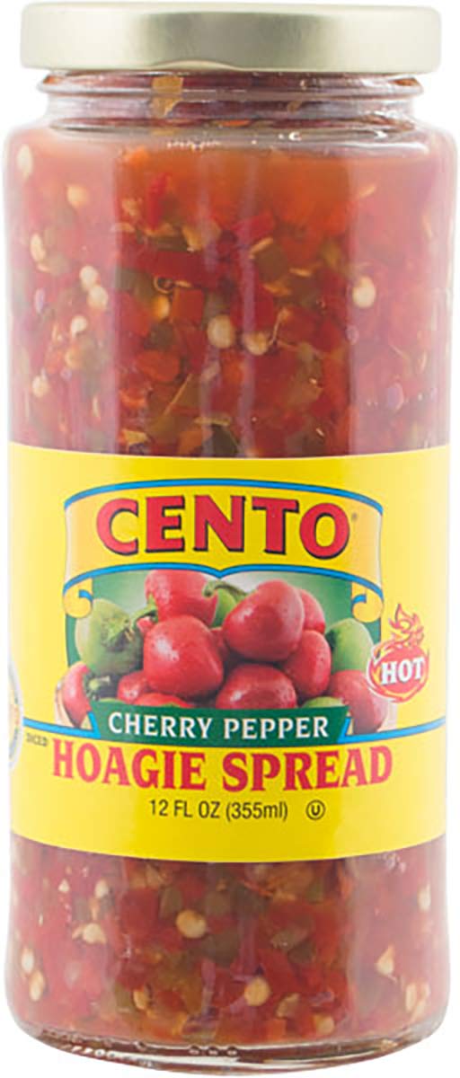 Cento Diced Hot Cherry Pepper Hoagie Spread in a jar, perfect for bold sandwiches.