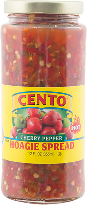 Cento Diced Hot Cherry Pepper Hoagie Spread in a jar, perfect for bold sandwiches.