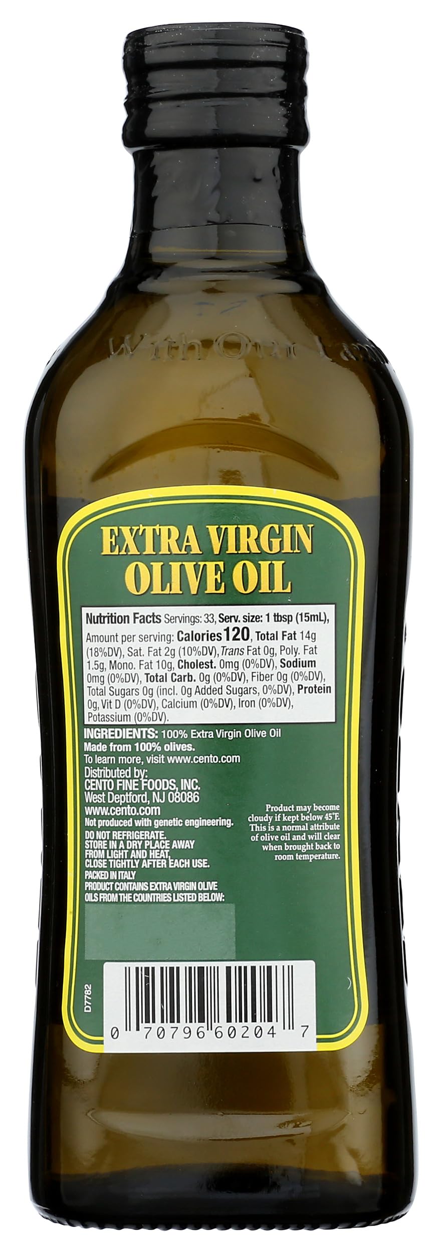 Cento extra virgin olive oil label closeup signaling authentic high-quality oil.