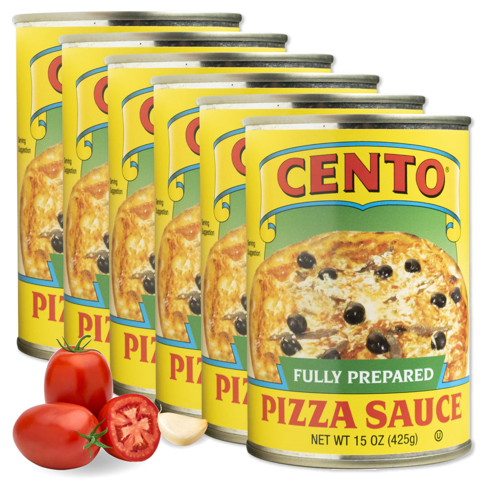 Cento Full Prepared Pizza Sauce can with tomatoes and basil for quick pizzas.
