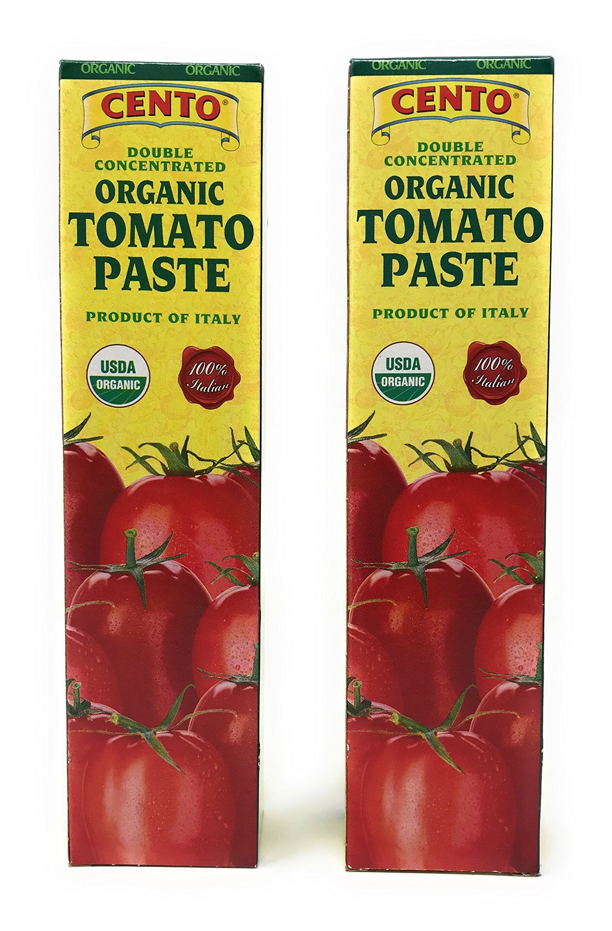 Cento organic tomato paste tubes packaging highlights two-tube convenience