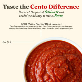 Close-up of Cento Passata in a glass jar showing silky texture for smooth tomato bases.