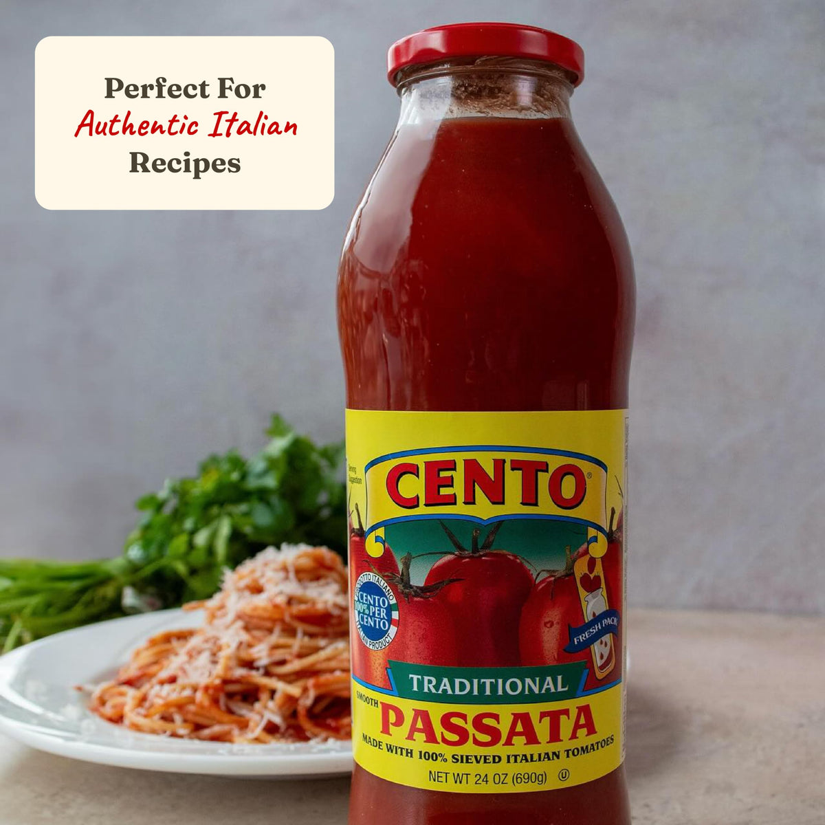 Sieved tomatoes in Cento Passata emphasize authentic Italian flavor and color.