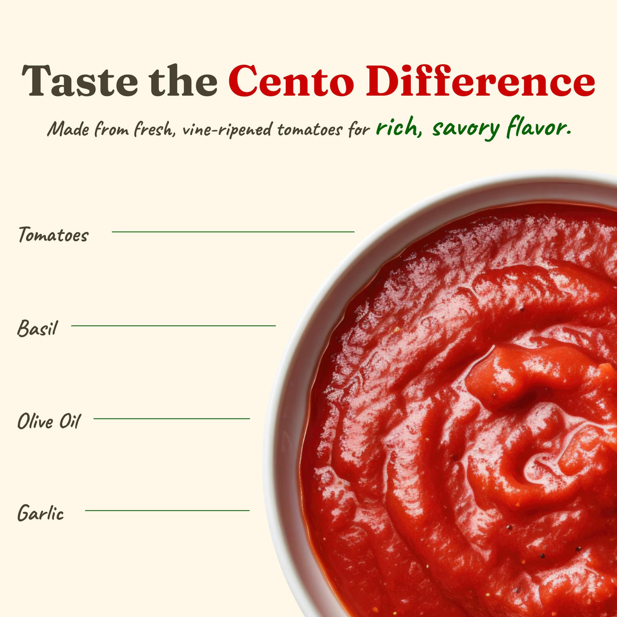 Cento pizza sauce being poured from the can for ready-to-use meals.