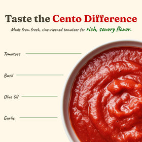 Cento pizza sauce being poured from the can for ready-to-use meals.