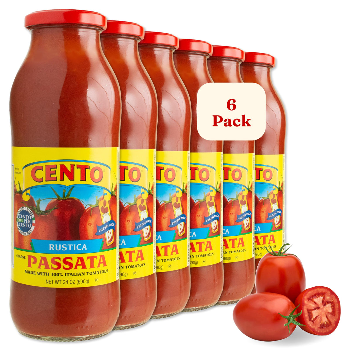 Cento Rustica Passata glass jar closeup showing chunky tomatoes for rich pasta sauces.