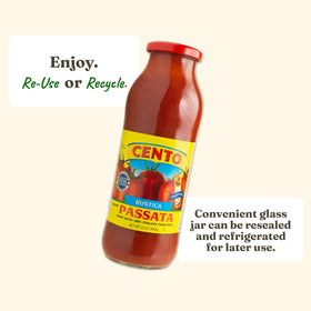 Cento Rustica Passata non-GMO gluten-free badge supports dietary choices.