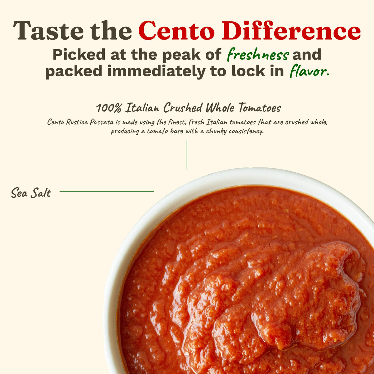 Cento Rustica Passata tomatoes inside the jar highlight fresh Italian base for homemade sauces.