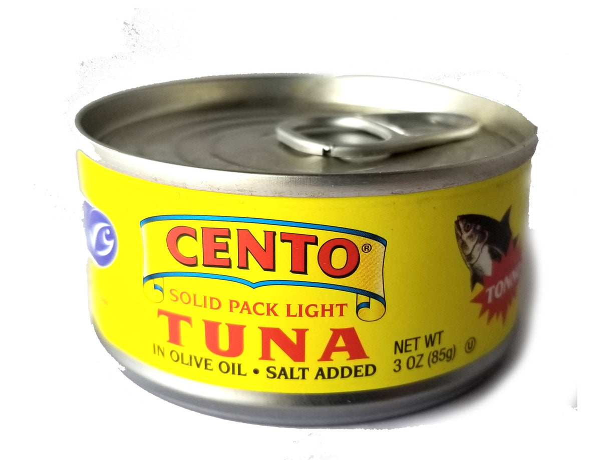 Cento Solid Light Tuna in Pure Olive Oil six-pack cans for quick meals.