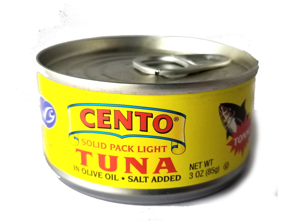 Cento Solid Light Tuna in Pure Olive Oil six-pack cans for quick meals.