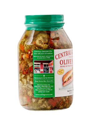 Central Grocery Olive Salad 32 oz pack highlights convenient, family-size jars.