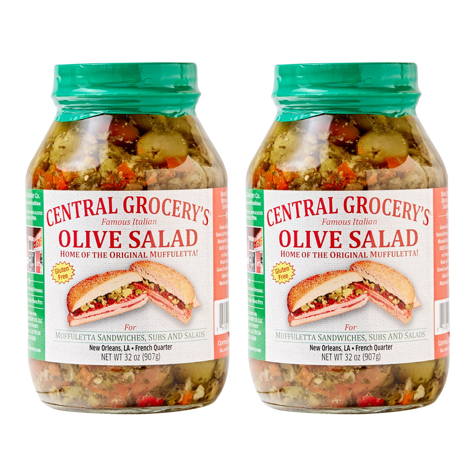 Central Grocery Olive Salad bottle front shows ready-to-use flavor booster for sandwiches.