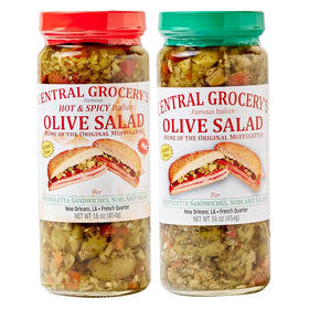 Central Grocery Hot Olive Salad in a 16 oz jar adds bold spice to sandwiches
